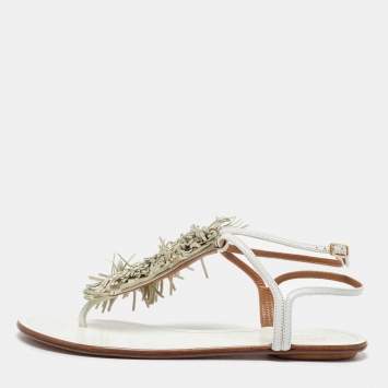 Pre Owned Aquazzura White Leather Fringe Trim Accent Flat Sandals Size 38