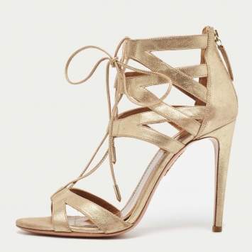 مملوكة مسبقًا Aquazzura Gold Textured Suede Beverly Hills Sandals Size 38.5