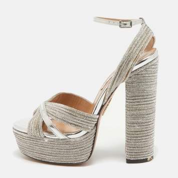 Pre Owned Aquazzura Silver Leather Crystal Embellished Sundance Sandals Size 37.5