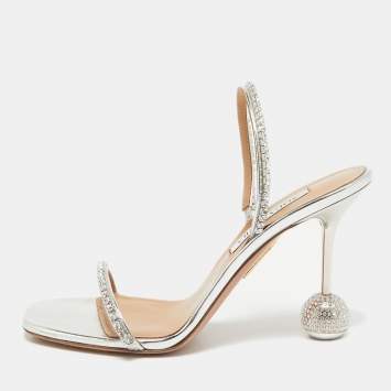 Pre Owned Aquazzura Silver Leather Crystal Embellished Yes Darling Slingback Sandals Size 38