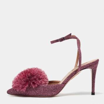 مملوكة مسبقًا Aquazzura Metallic Pink Lurex Fabric Powder Puff Ankle Strap Sandals Size 39
