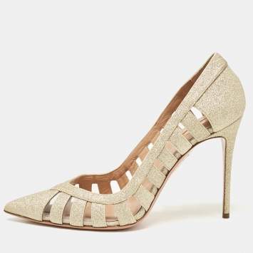 Pre Owned Aquazzura Gold Glitter and PVC Pointed Toe Pumps Size 41