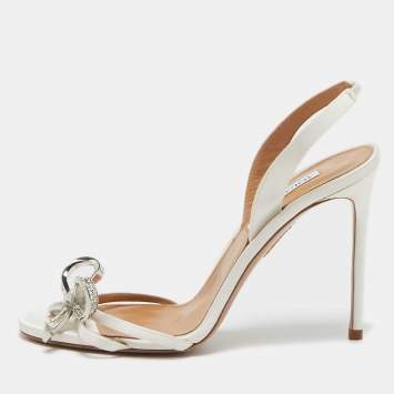 مملوكة مسبقًا Aquazzura White Satin Bow Embellished Babe Slingback Sandals Size 40