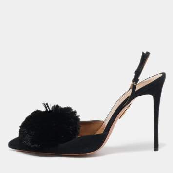 مملوكة مسبقًا Aquazzura Black Suede Powder Puff Pointed Toe Slingback Sandals Size 40.5