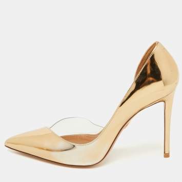 Pre Owned Aquazzura Gold Leather and PVC Pointed Toe D'orsay Pumps Size 38