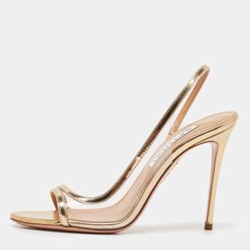 Pre Owned Aquazzura Gold Leather and PVC Nude Slingback Sandals Size 36