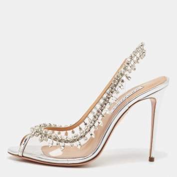 Pre Owned Aquazzura Silver Leather and PVC Crystal Temptation Slingback Sandals Size 38.5