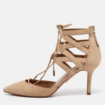 Pre Owned Aquazzura Beige Suede Belgravia Lace Up Pointed Toe Pumps 37.5