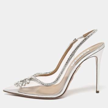 Pre Owned Aquazzura Silver/Transparent Leather and PVC Seduction Pumps Size 40.5