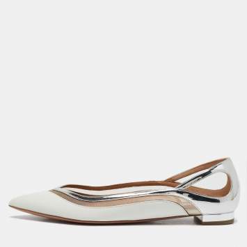 Pre Owned Aquazzura White/Silver Leather Cinemax Ballet Flats Size 38