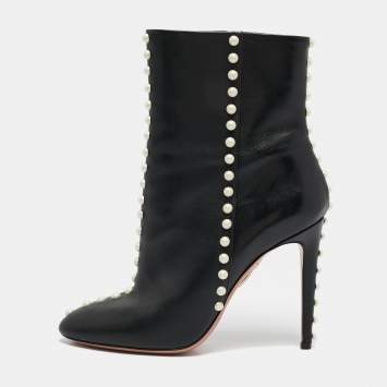 Pre Owned Aquazzura Black Leather Follie Pearls Ankle Boots Size 38.5