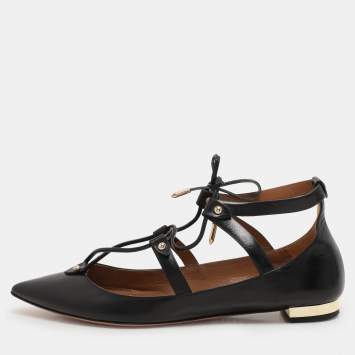 Pre Owned Aquazzura Black Leather Christy Lace Up Ballet Flats Size 38