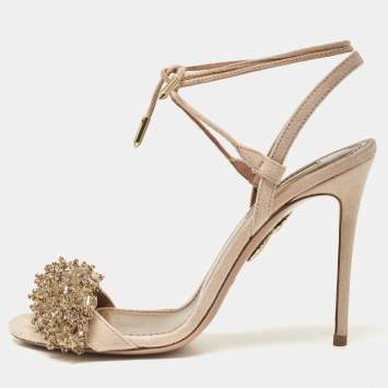 Pre Owned Aquazzura Peach Suede Monaco Embellished Ankle Wrap Sandals Size 36