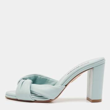 Pre Owned Aquazzura Blue Knotted Leather Olie Slide Sandals Size 36.5