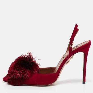 Pre Owned Aquazzura Red Suede Powder Puff Slingback Sandals Size 36