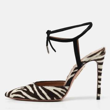 Pre Owned Aquazzura Cream/Brown Calf Hair Pointed Toe Ankle Tie Pumps Size 36