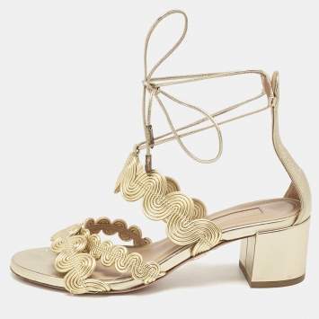 Pre Owned Aquazzura Gold Leather Ankle Strap Sandals Size 35.5