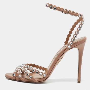 Pre Owned Aquazzura Pink Leather Crystal Embellished Tequila Sandals Size 38.5
