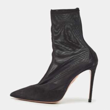 Pre Owned Aquazzura Black Mesh and Suede Pointed Toe Hot Stuff Ankle Booties Size 37