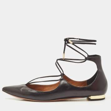 Pre Owned Aquazzura Black Leather Christy Lace Up Pointed Toe Ballet Flats Size 39