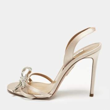 Pre Owned Aquazzura Beige Satin Bow Embellished Babe Slingback Sandals Size 39