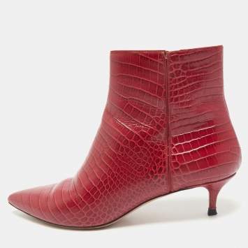 Aquazzura Burgundy Croc Embossed Leather Quant Ankle Length Boots Size 41