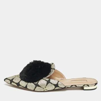 Pre Owned Aquazzura Black/Gold Floral Lurex Fabric Powder Puff Pom Pom Flat Mules Size 39
