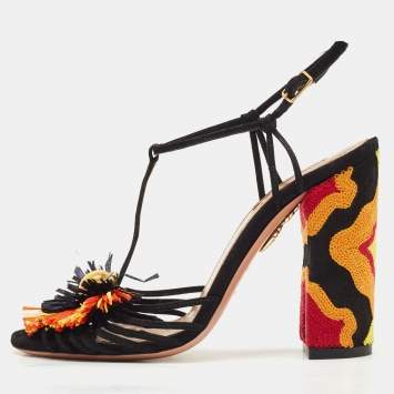 Aquazzura Multicolor Suede  And Raffia Samba Ankle Strap Sandals Size 35