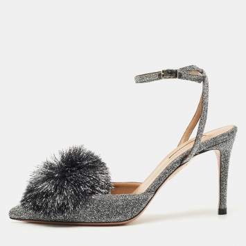 Aquazzura Silver Metallic Lurex Fabric Powder Puff Ankle Strap Sandals Size 38