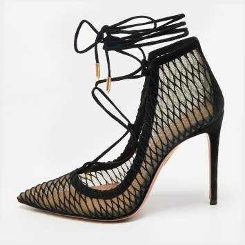 Pre Owned Aquazzura Black Suede and Mesh Ankle Tie Boots Size 36