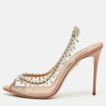 Pre Owned Aquazzura Beige Leather and PVC Temptation Slingback Sandals Size 41