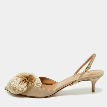 Pre Owned Aquazzura Light Grey Velvet Power Puff  Slingback Pumps Size 40