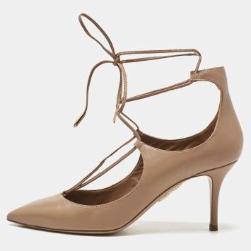 Aquazzura Beige Leather Christy Lace Ankle Wrap Pumps Size 37.5