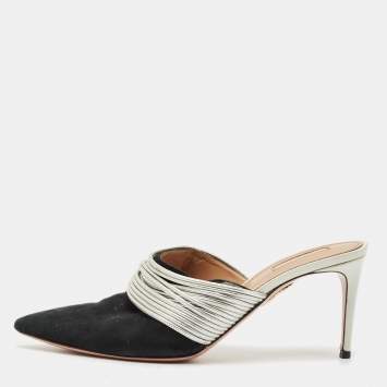 Pre Owned Aquazzura Black/Silver Suede and Leather Rendez  Vous Mules Size 42