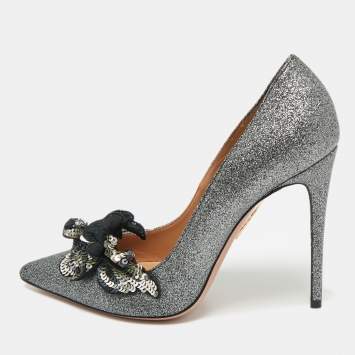 Aquazzura Grey Glitter Leather Poison Embellished Pumps Size 38.5