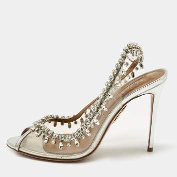 Aquazzura Silver/Transparent Leather and PVC Temptation Slingback Sandals Size 38