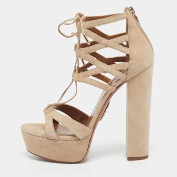 Aquazzura Beige Suede Platform Ankle Strap Sandals Size 39