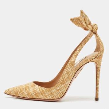 Aquazzura Beige Woven Raffia Bow Tie Pumps Size 35