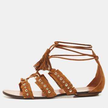 Aquazzura Brown Suede Studded Tulum Flat Sandals Size 37