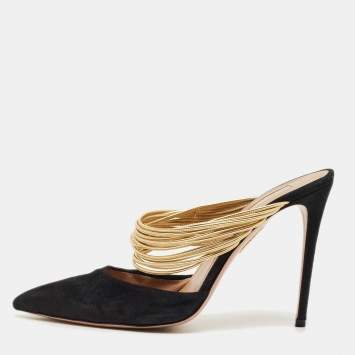 Pre Owned Aquazzura Black/Gold  Suede And Leather Rendez Vous Pointed Toe Mules Size 39