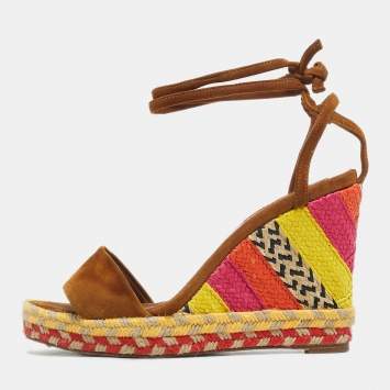 Pre Owned Aquazzura Brown Suede Baru 105 Lace Up Espadrille Wedge Sandals Size 35.5