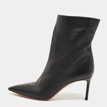 Pre Owned Aquazzura Black Leather Pointed Toe Ankle Length Boots Size 37.5