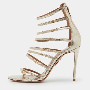 Pre Owned Aquazzura Metallic Gold Leather Star Studded Ankle Strappy Sandals Size 38