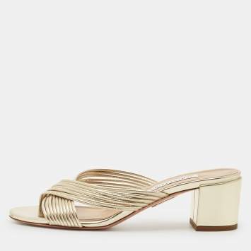Pre Owned Aquazzura Gold Leather Crisscross Slide Sandals Size 38