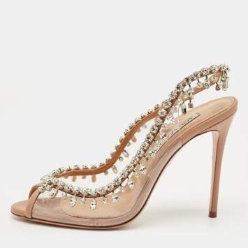 Pre Owned Aquazzura Beige Leather and PVC Crystal Embellish Temptation Peep Toe Pumps Size 37