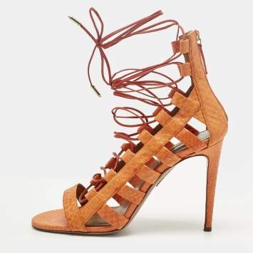 Pre Owned Aquazzura Orange Python Leather Amazon Lace Up Open Toe Sandals Size 41