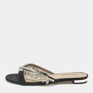 Pre Owned Aquazzura Black Satin Gem Palace Crystal Embellish  Flat Slide Size 38.5