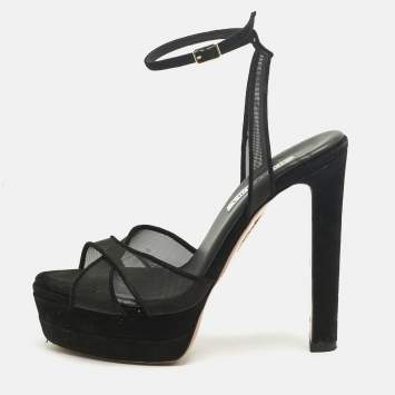 Pre Owned Aquazzura Black Suede and Net Platform Ankle Strap Sandals Size 39