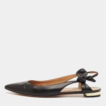 Pre Owned Aquazzura Black Leather Slingback Tie Ballet Flats Size 38.5