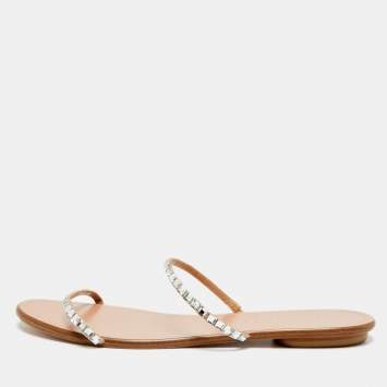 مملوك�ة مسبقًا Aquazzura Size 40 Beige Suede Crystal Embellished Strappy Flat Slide